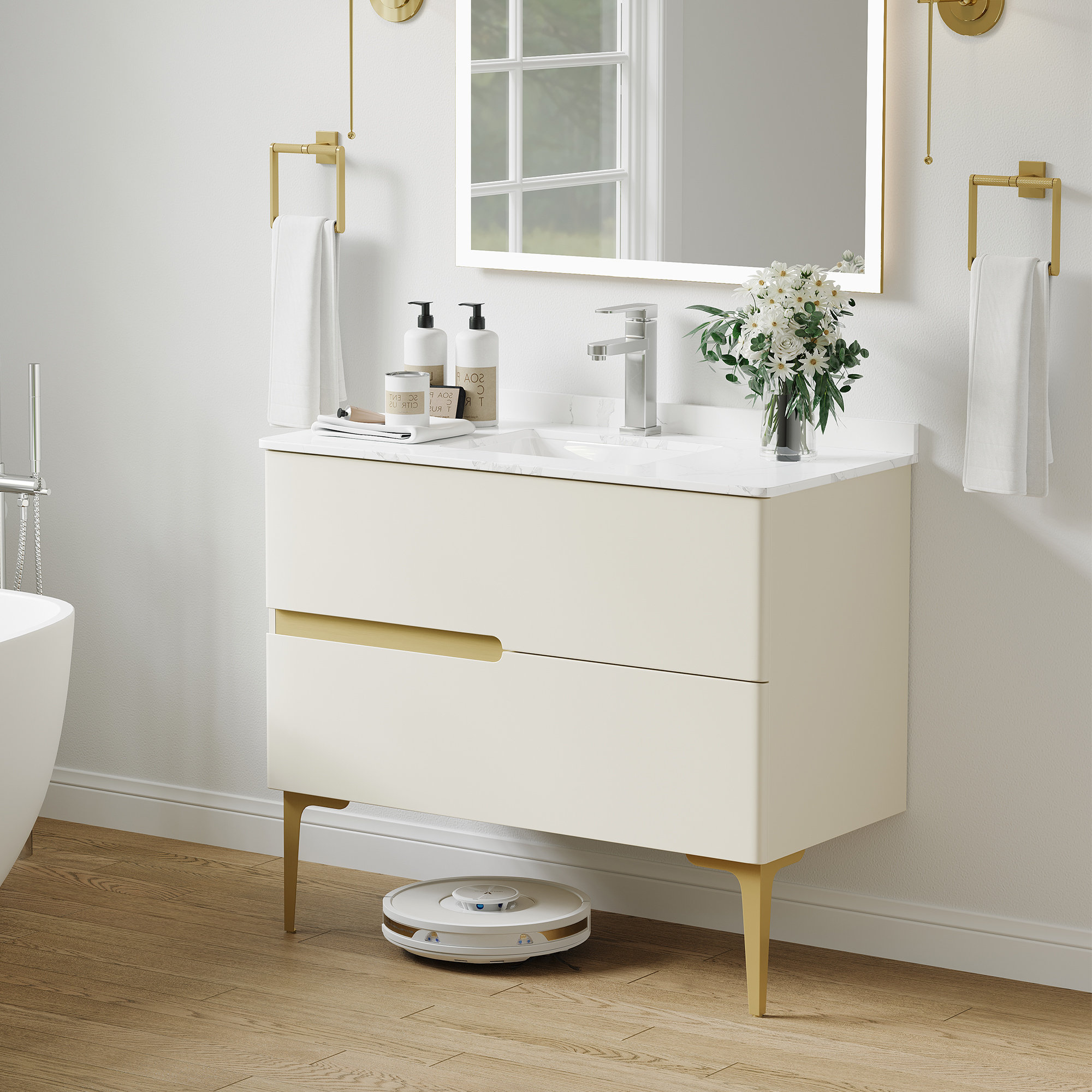 Mercer41 Mirran 39.4" Modern White Freestanding Bathroom Vanity Set ...
